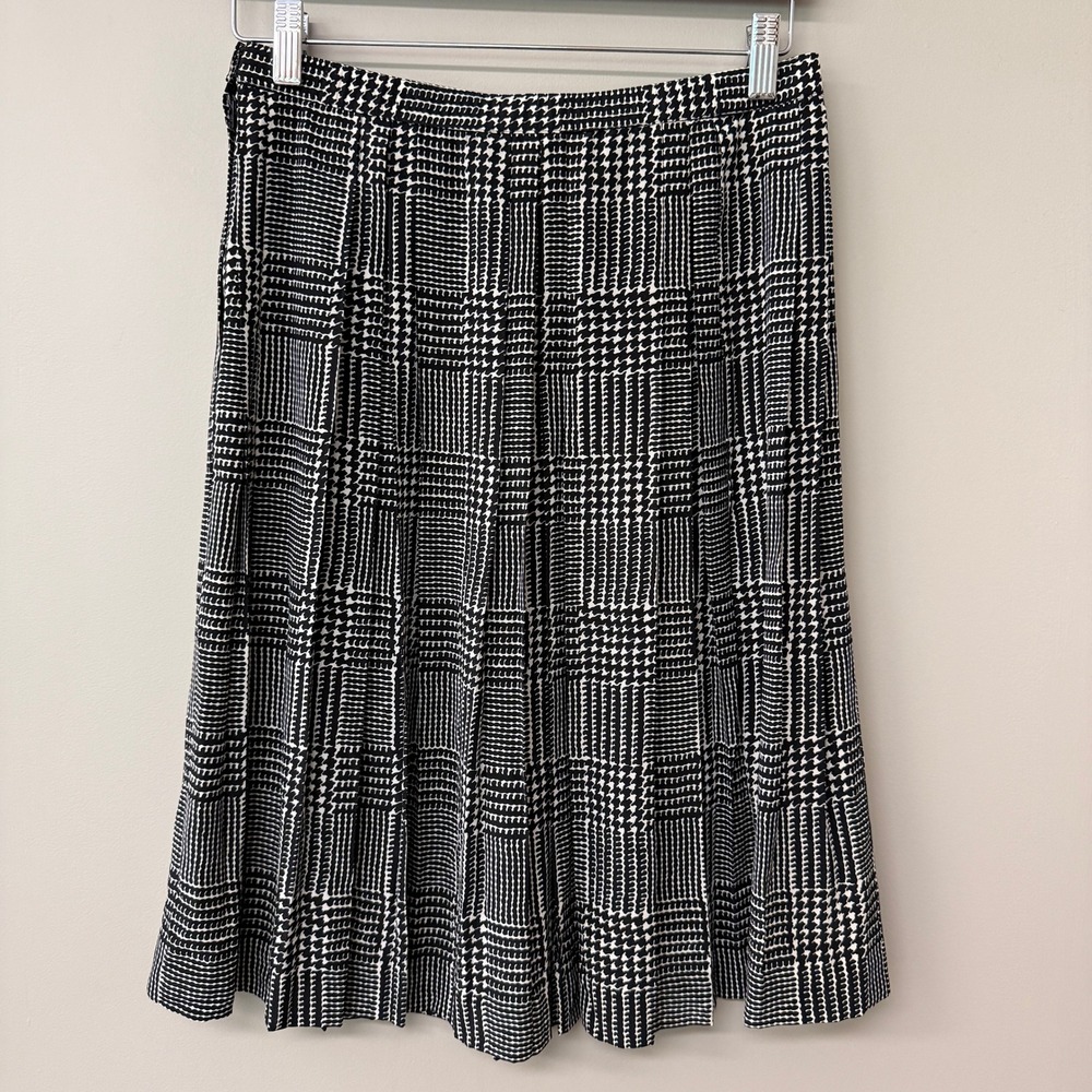 Vintage Adolfo Womens Silk Houndstooth Pleated Skirt Size Medium Black White - Picture 5 of 8